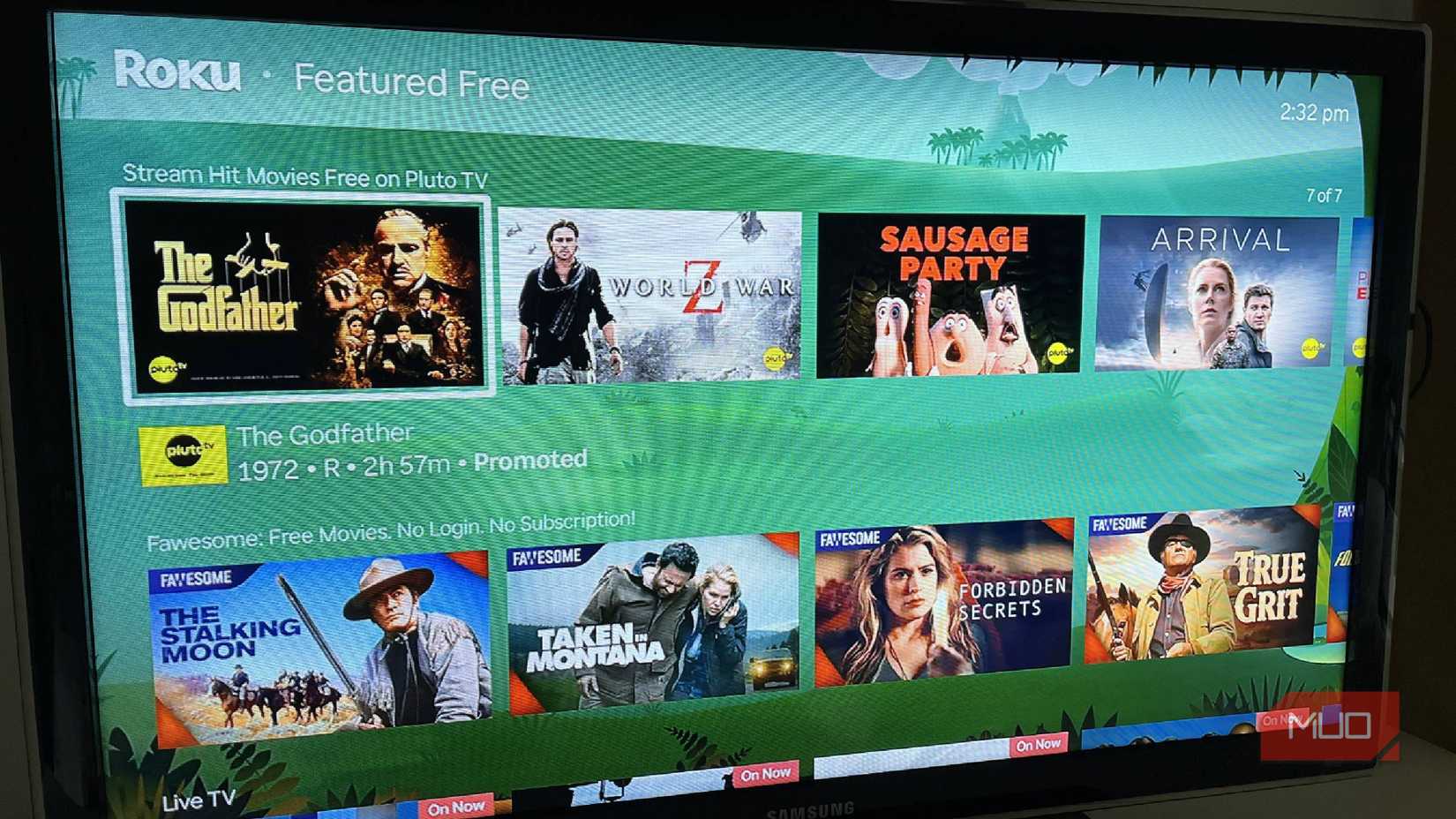 The featured free section of the Roku menu with what's on PlutoTV