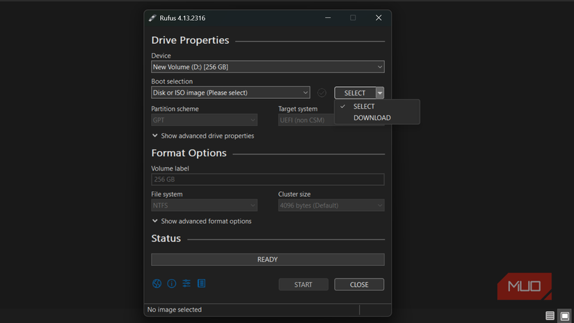 Rufus window showing source dropdown options.