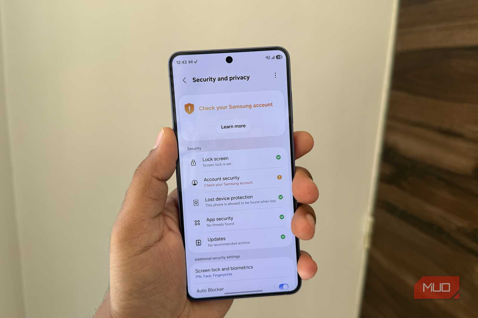 Téléphone Samsung affichant les paramètres de sécurité