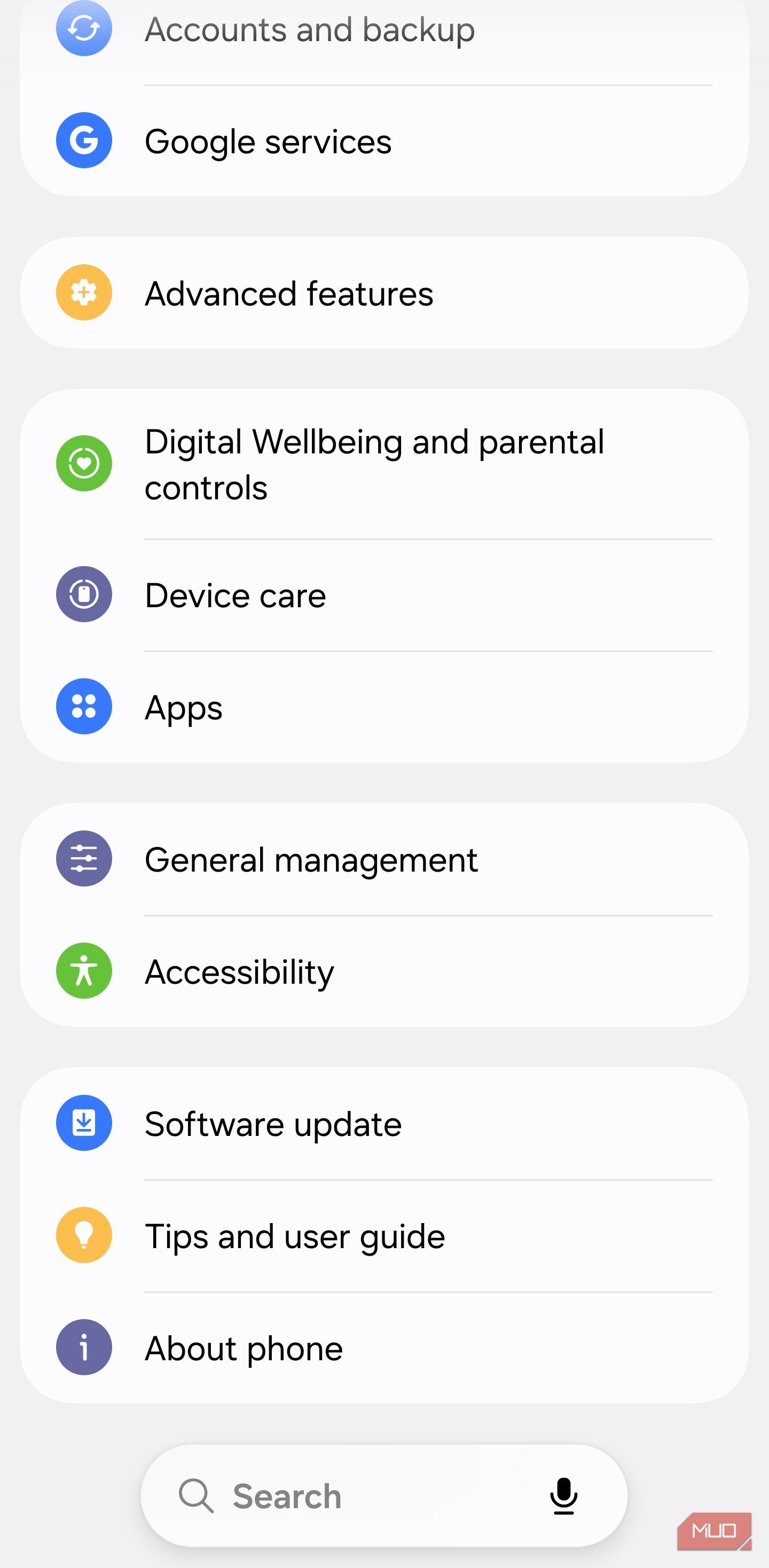 Samsung Settings with Apps option