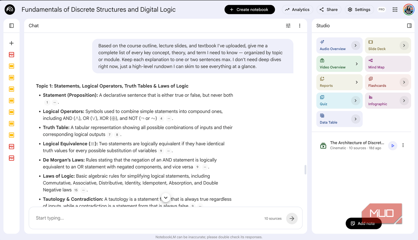 screenshot of discrete structures and digital logic course notebook showing lecture notes on statements logical operators and truth tables with sidebar resources and studio panel