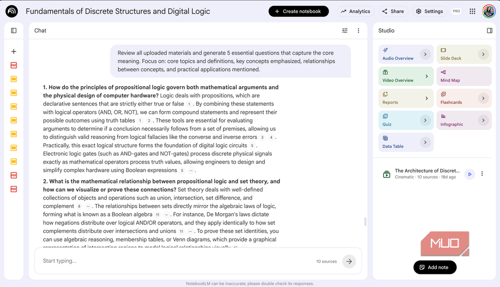 NotebookLM chat interface showing follow-up questions about propositional logic and study materials