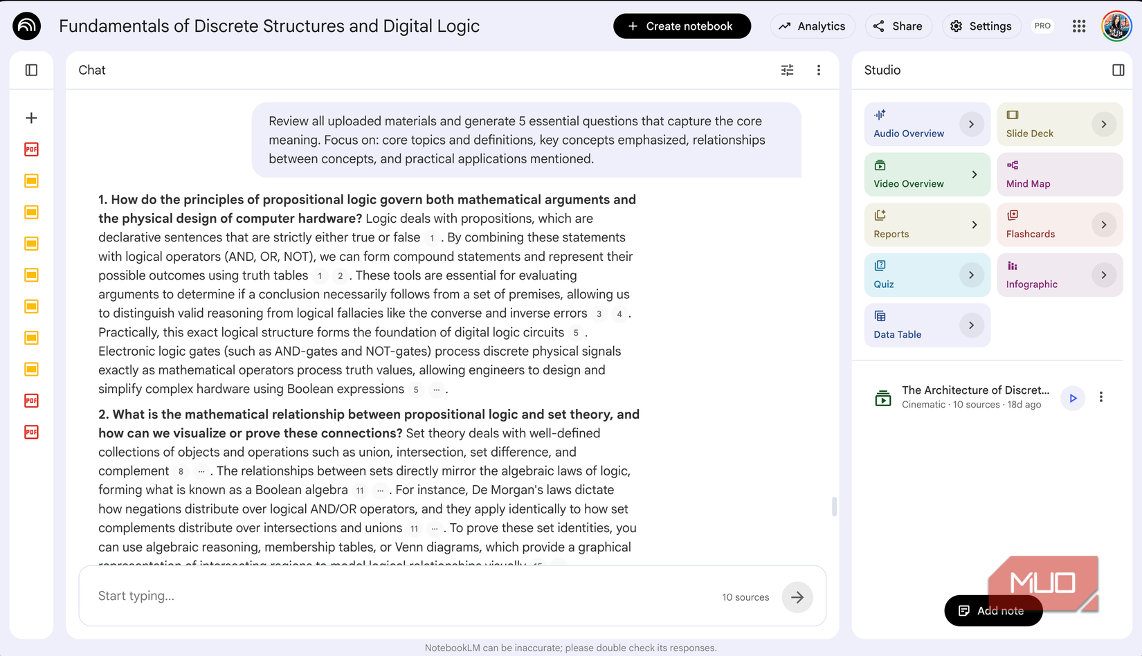 screenshot of fundamentals of discrete structures and digital logic notebook showing chat interface with questions about propositional logic and mathematical relationships alongside studio panel with audio overview mind map and other study 