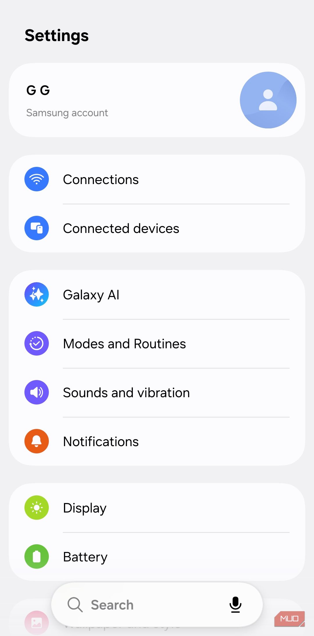 Settings menu on Android phone