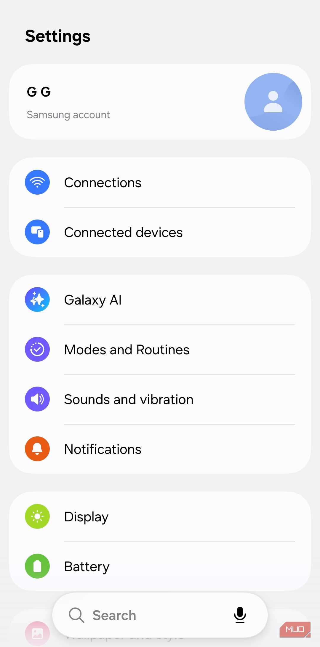 Settings menu on Android phone