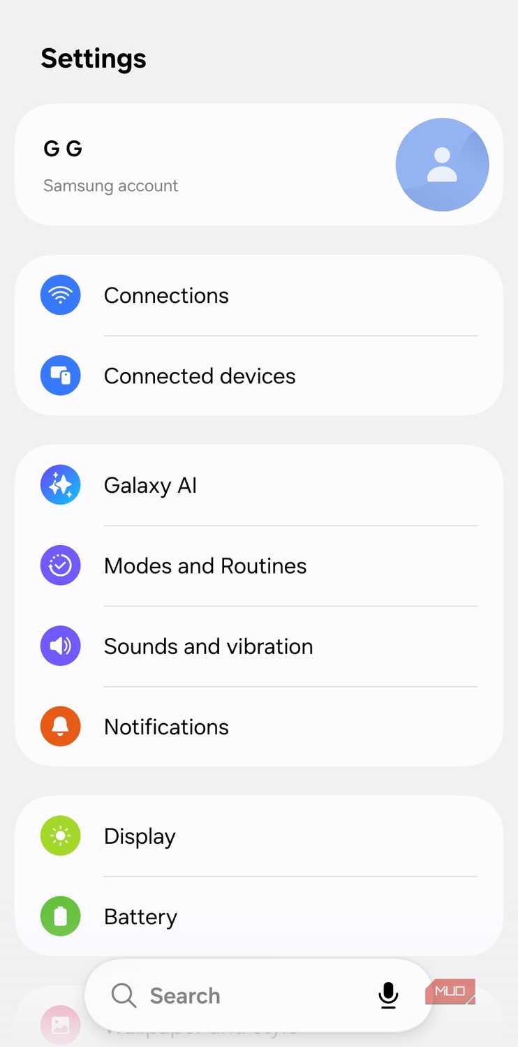 Settings menu on Android phone