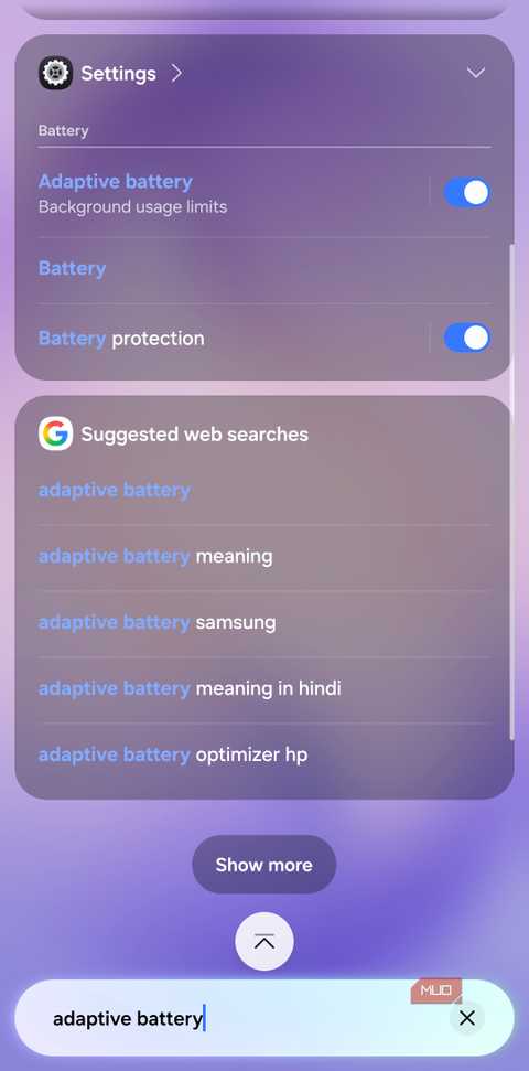 Settings appear as searchable results in Samsung Finder