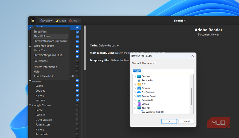 BleachBitのファイルシュレッダー機能の画面