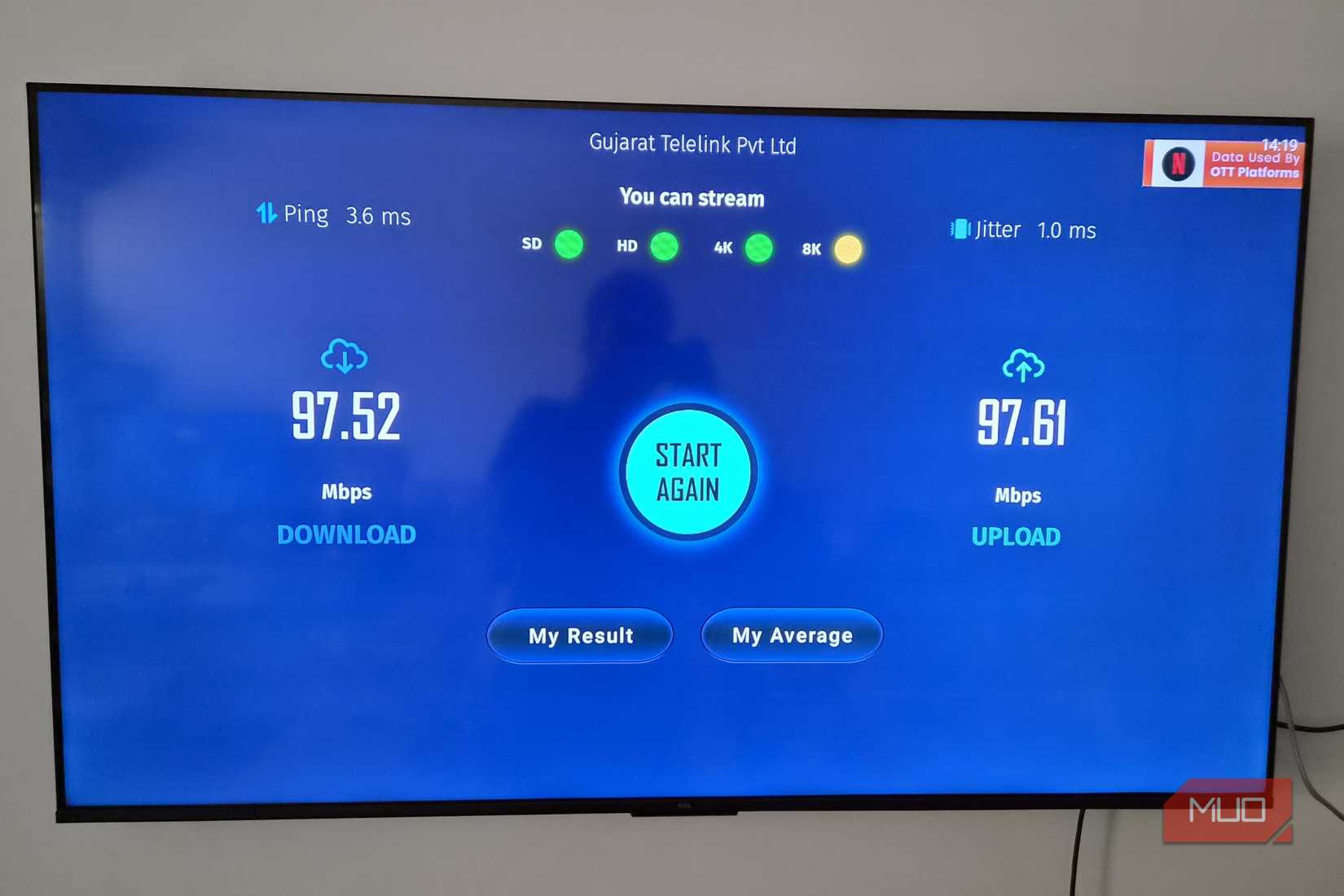 Smart TV showing speed test results