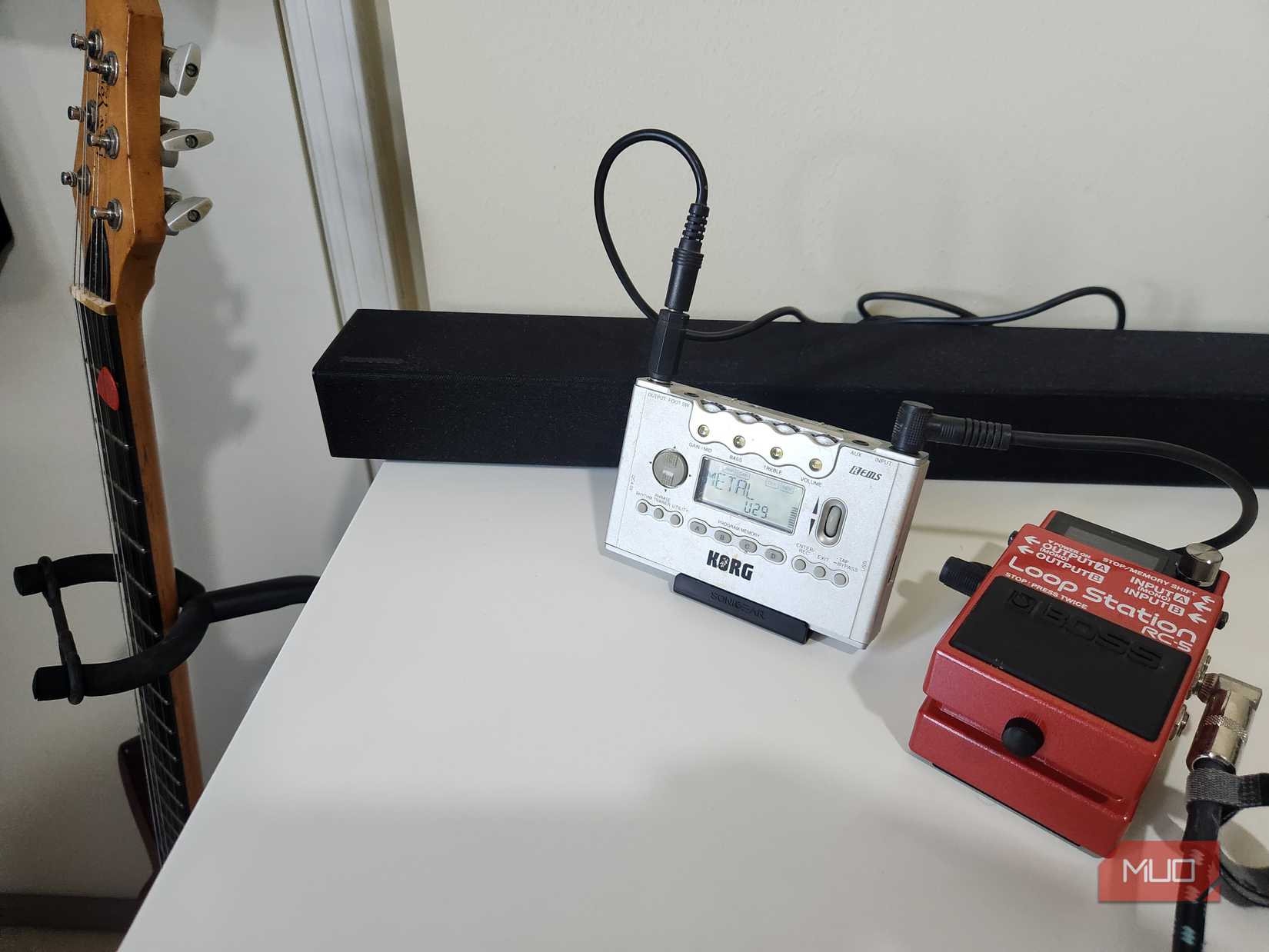 A soundbar used as a guitar amplifier.