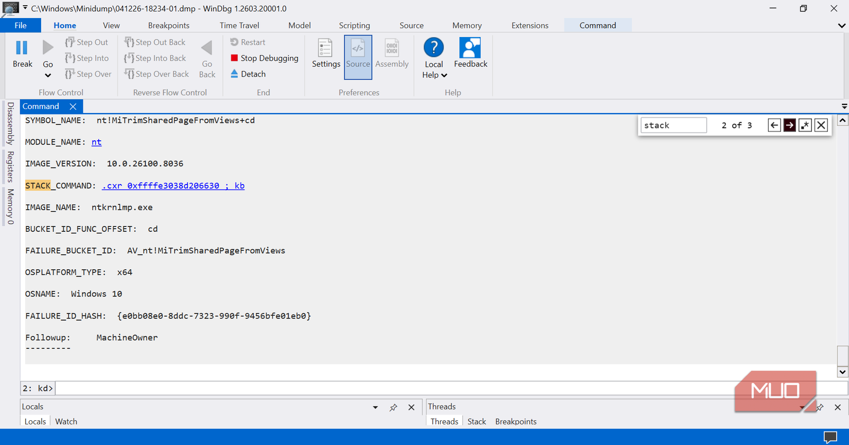 Stack Command problem on WinDbg