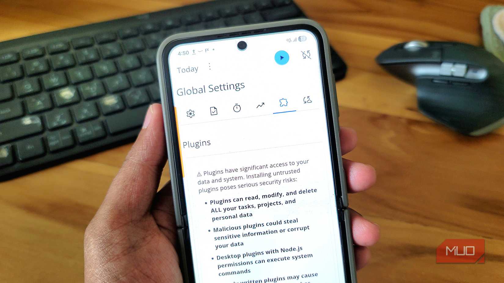 Super-Productivity plugin option open on a Samsung Galaxy Z Flip 6