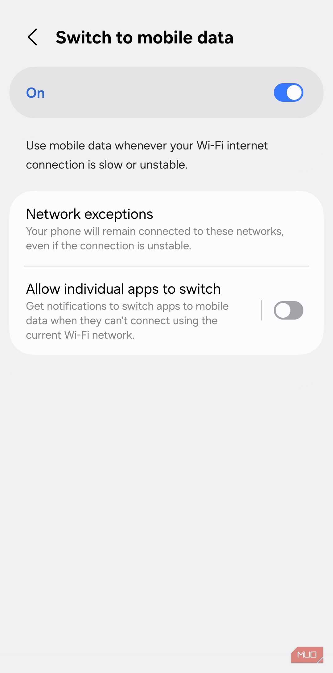 Switch to mobile data menu on Android phone