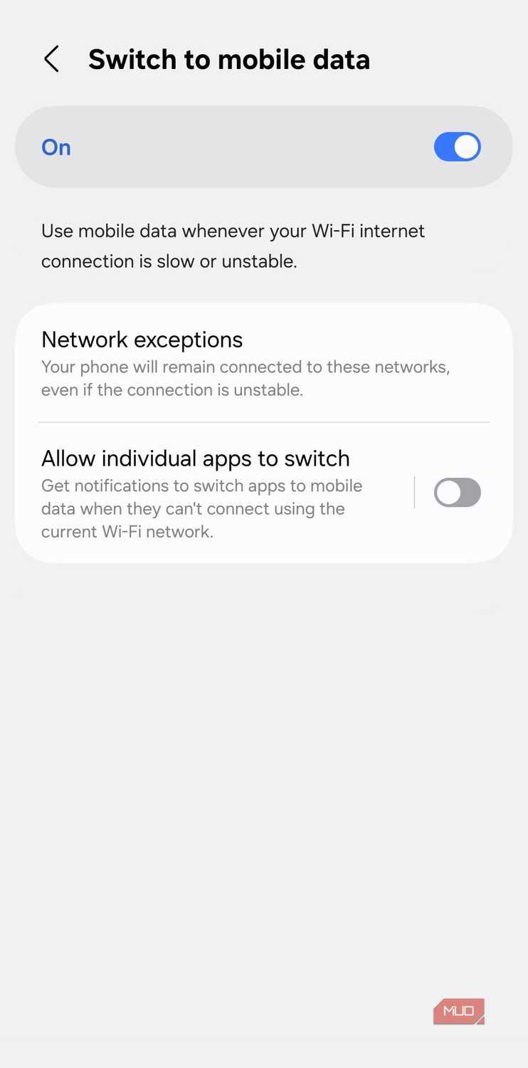 Switch to mobile data menu on Android phone