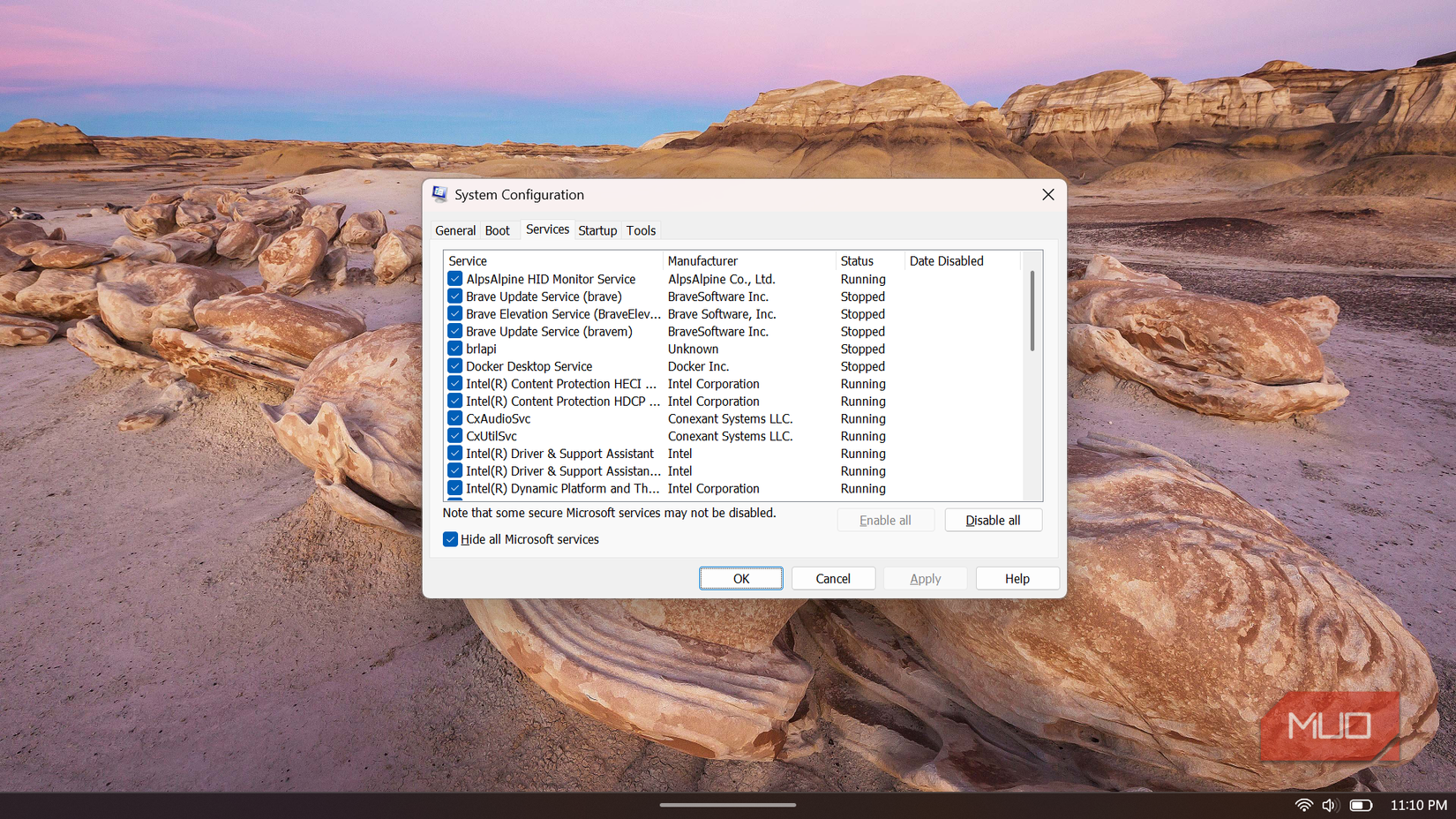 System Configuration window showing the Services tab with 'Hide all Microsoft services' checked.