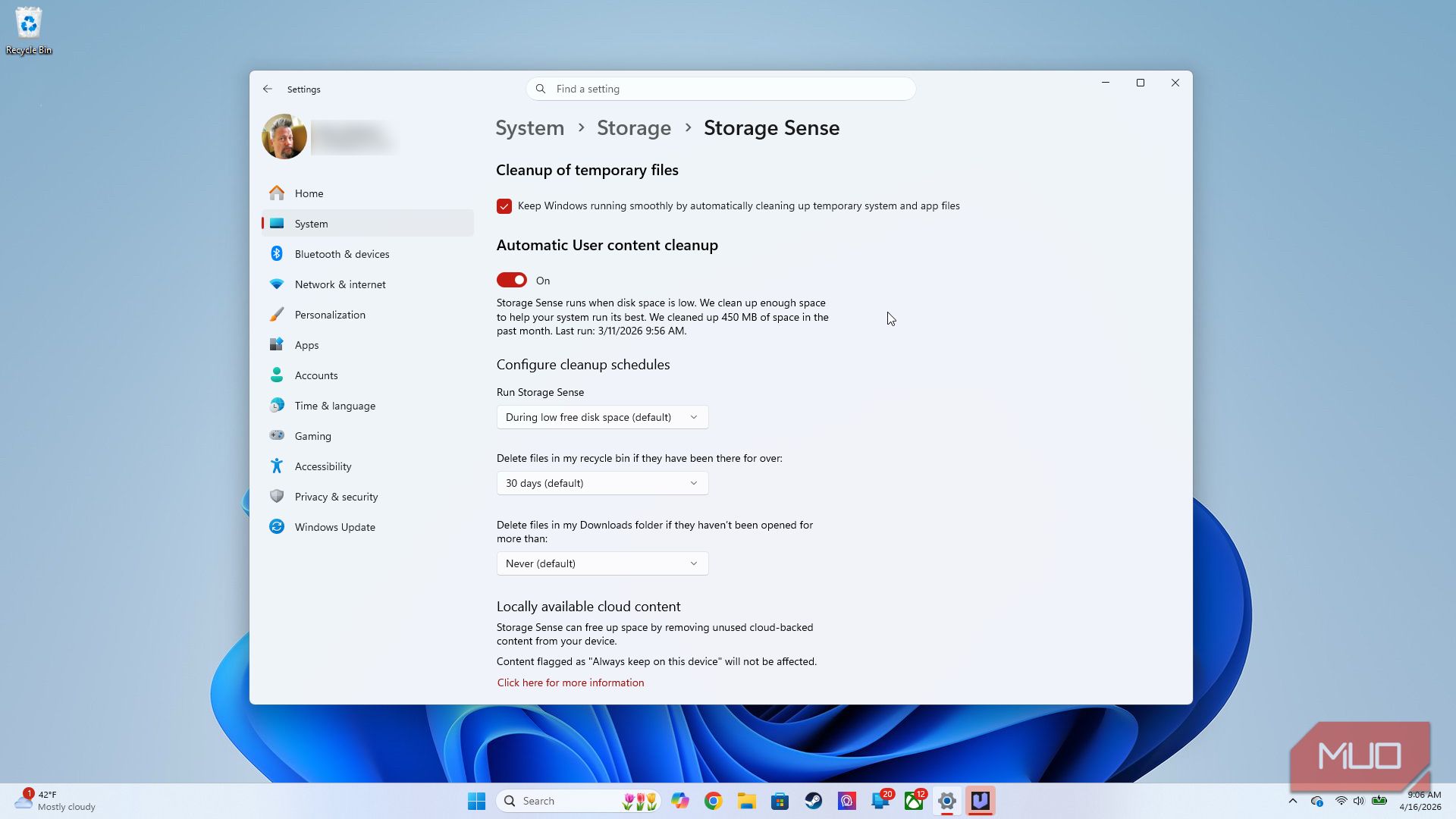 System settings Storage Sense