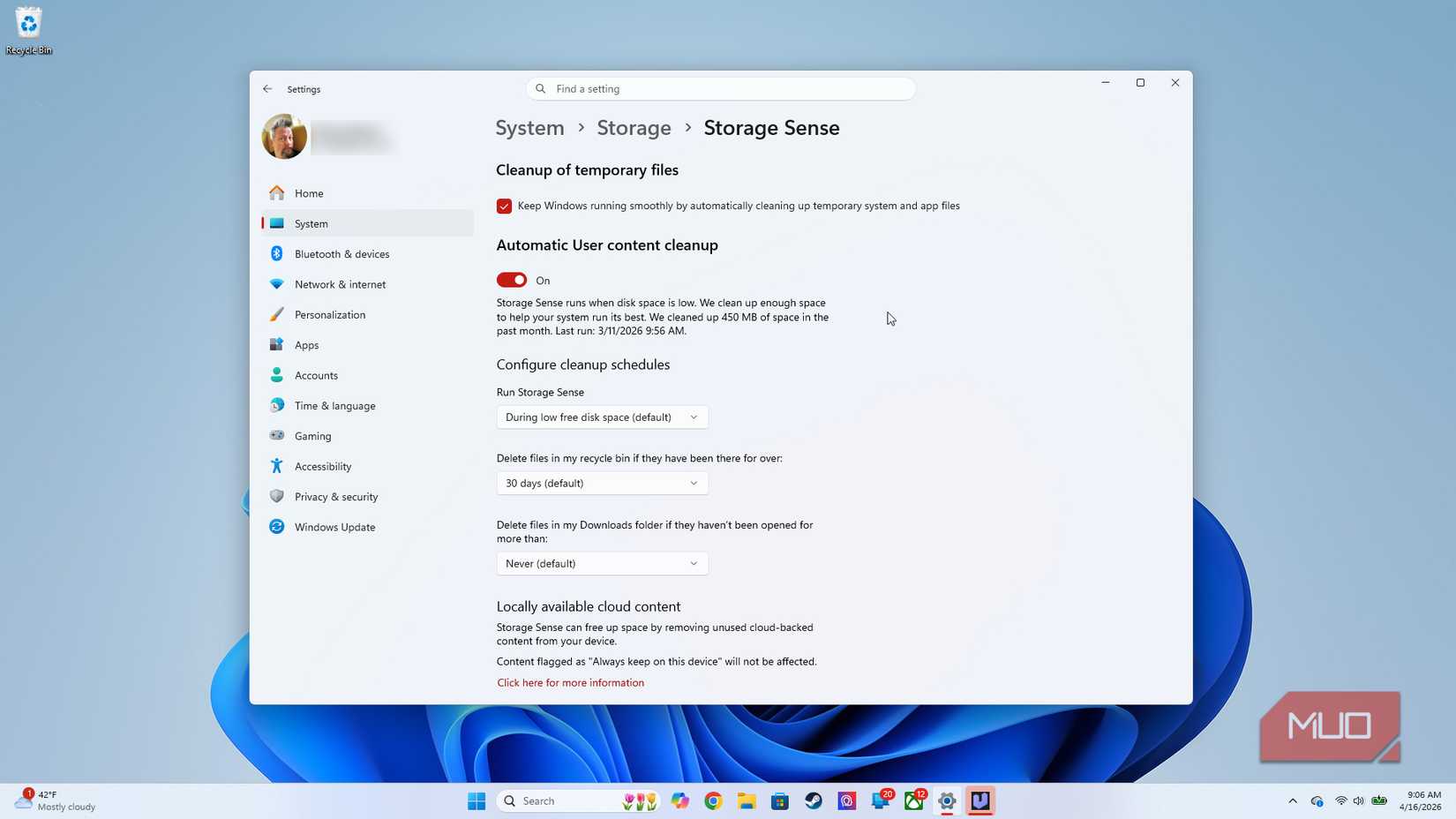 System settings Storage Sense