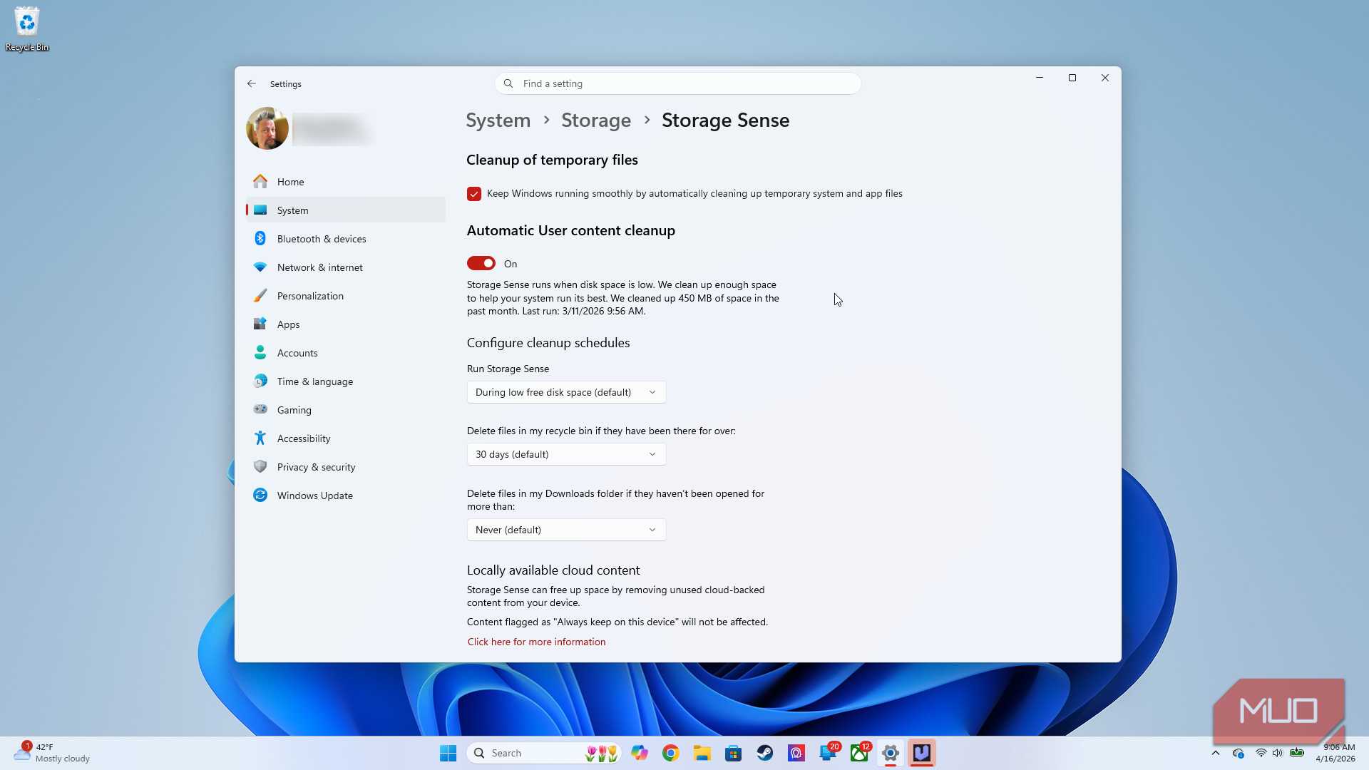 System settings Storage Sense