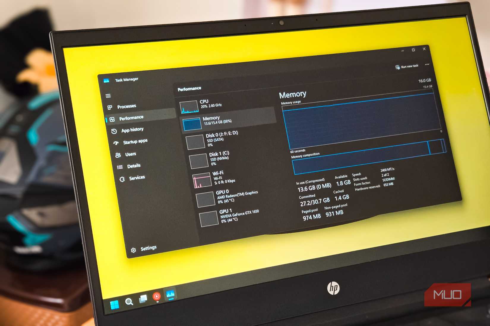 Task Manager Performance tab open in Windows 11 on a HP Pavillion Laptop