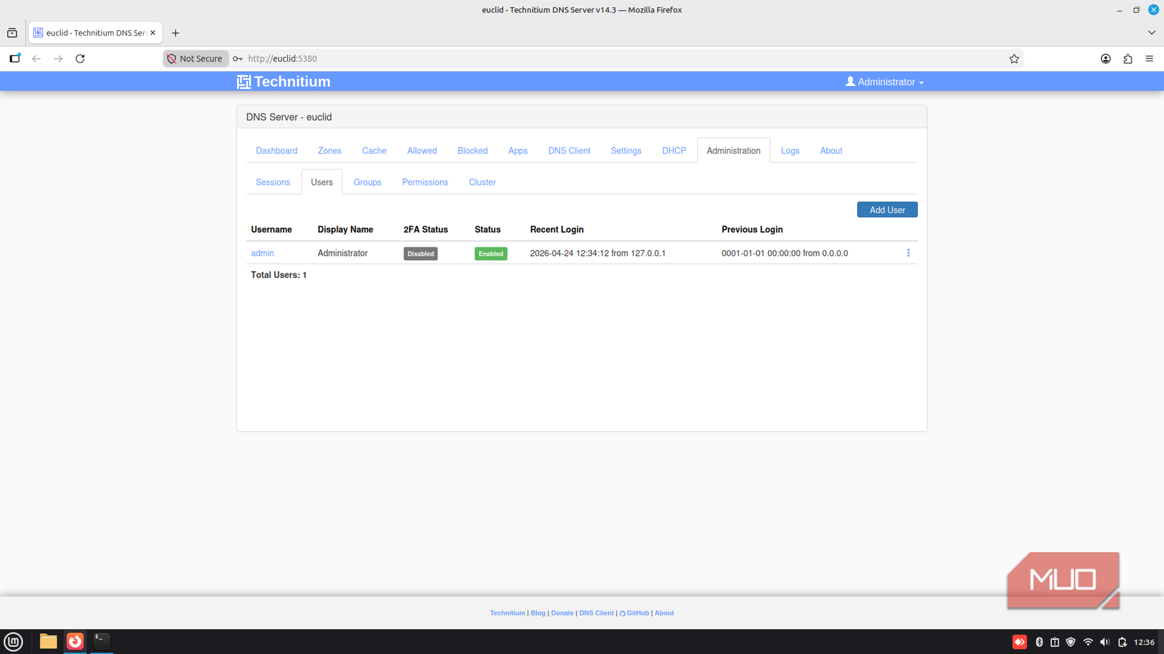 Technitium DNS Server admin users.