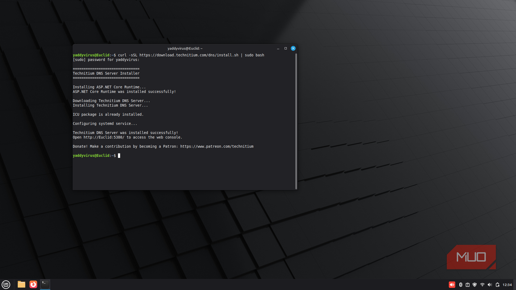 Technitium DNS server terminal installation.