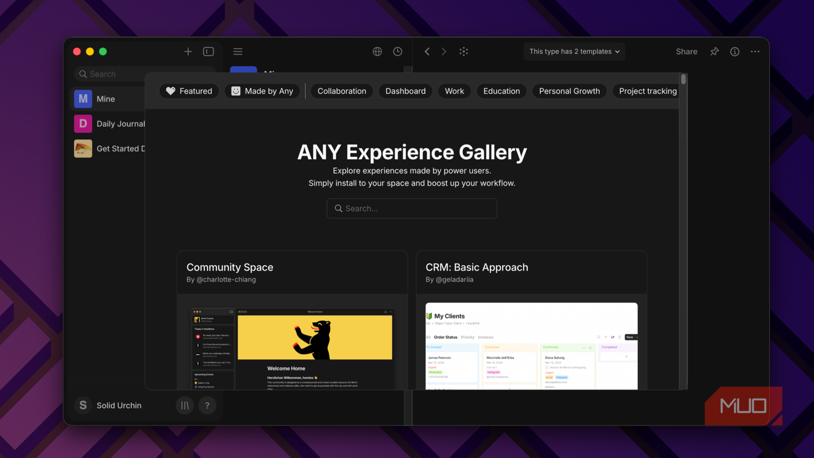 a screen showing the collection of templates from Anytype