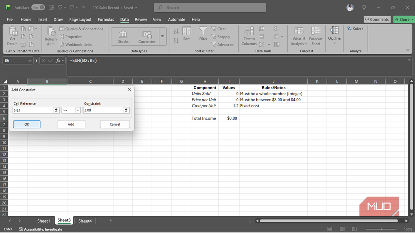 The Add Constraint pop-up box for minimum price per unit open beside a sales dataset in Excel on desktop.