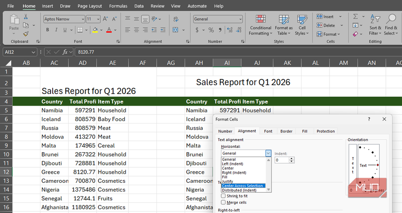 Three columns duplicated on an Excel sheet - one with a merged cell at the top and one with Center Across Selection applied at the top with the Alignment tab expanded on the page.