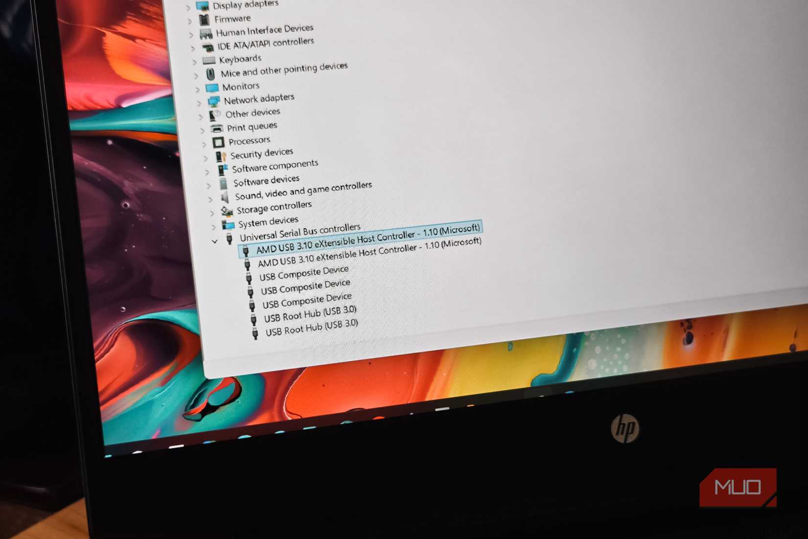Universal Serial Bus controllers section on Device Manager on a HP laptop