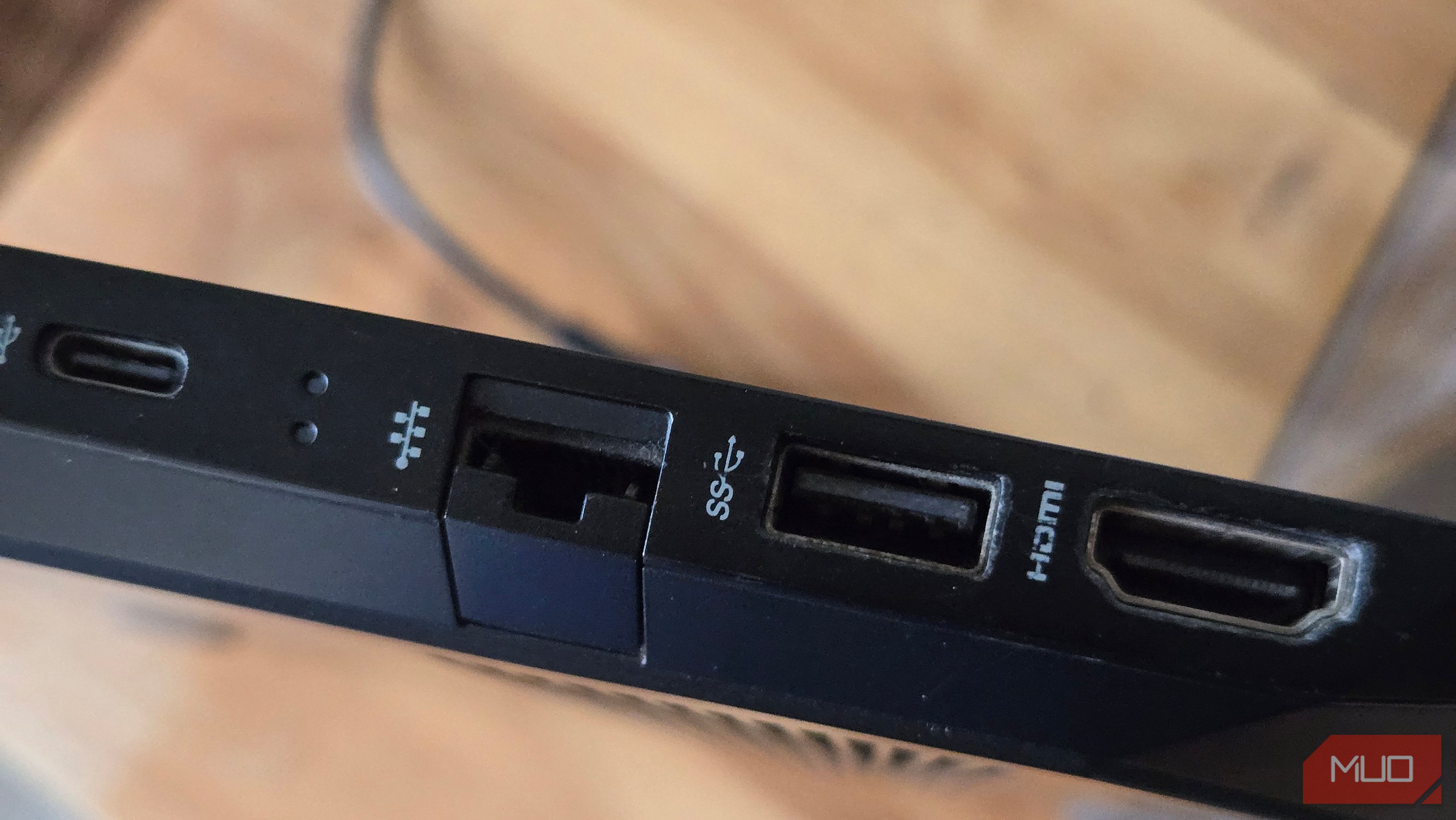 USB-C, Ethermet, USB-A with SS symbol and HDMI port on a HP Pavillion laptop