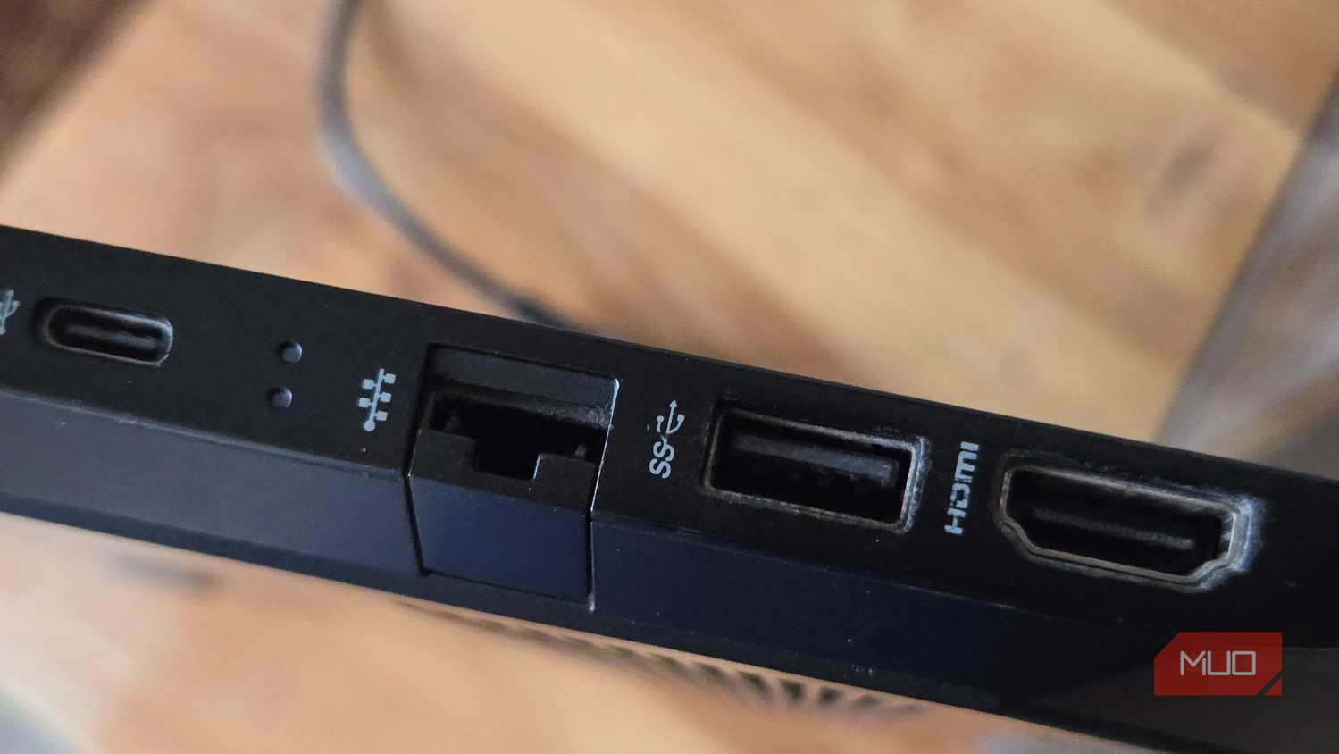 USB-C, Ethermet, USB-A with SS symbol and HDMI port on a HP Pavillion laptop