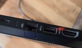 USB-C, Ethermet, USB-A with SS symbol and HDMI port on a HP Pavillion laptop