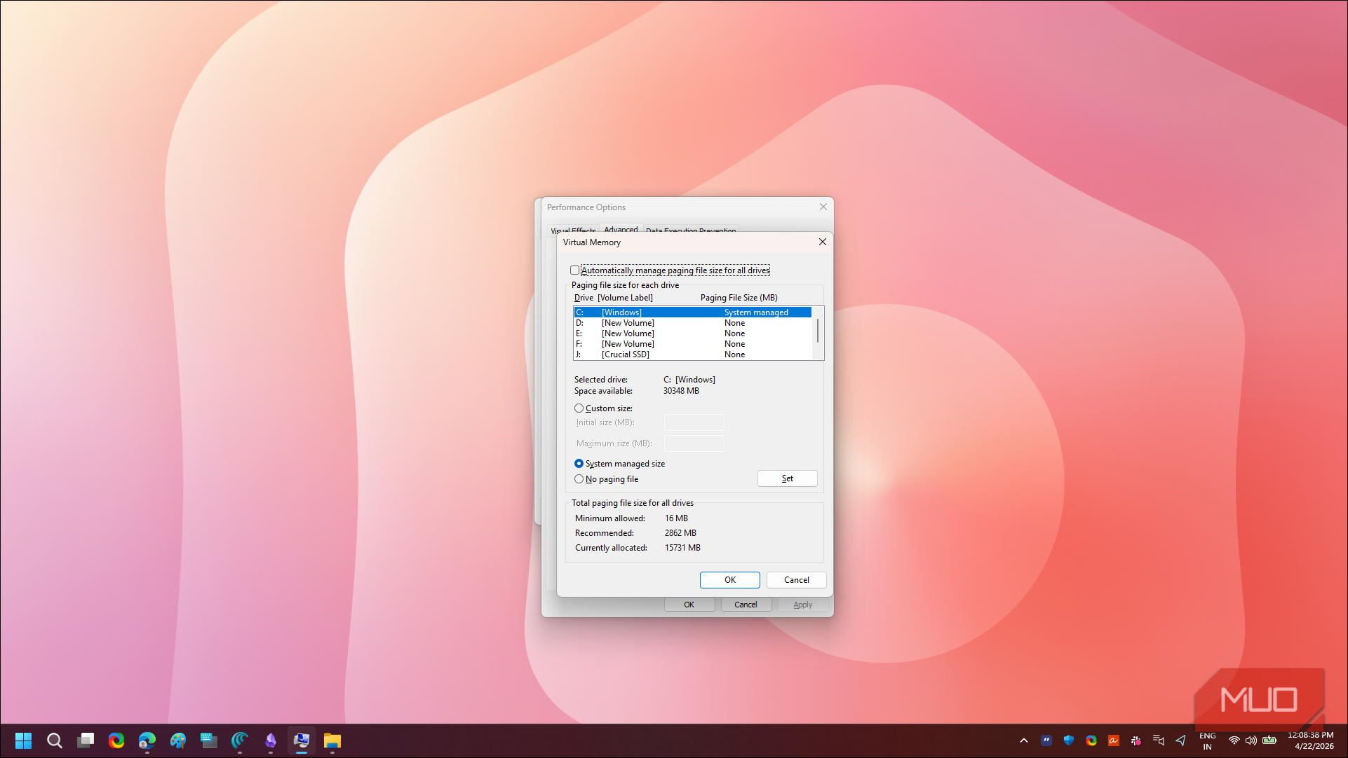 Virtual memory dialog open in Advanced system settings on Windows 11