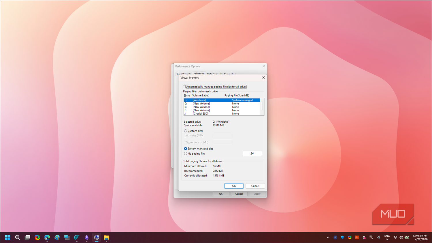 Virtual memory dialog open in Advanced system settings on Windows 11