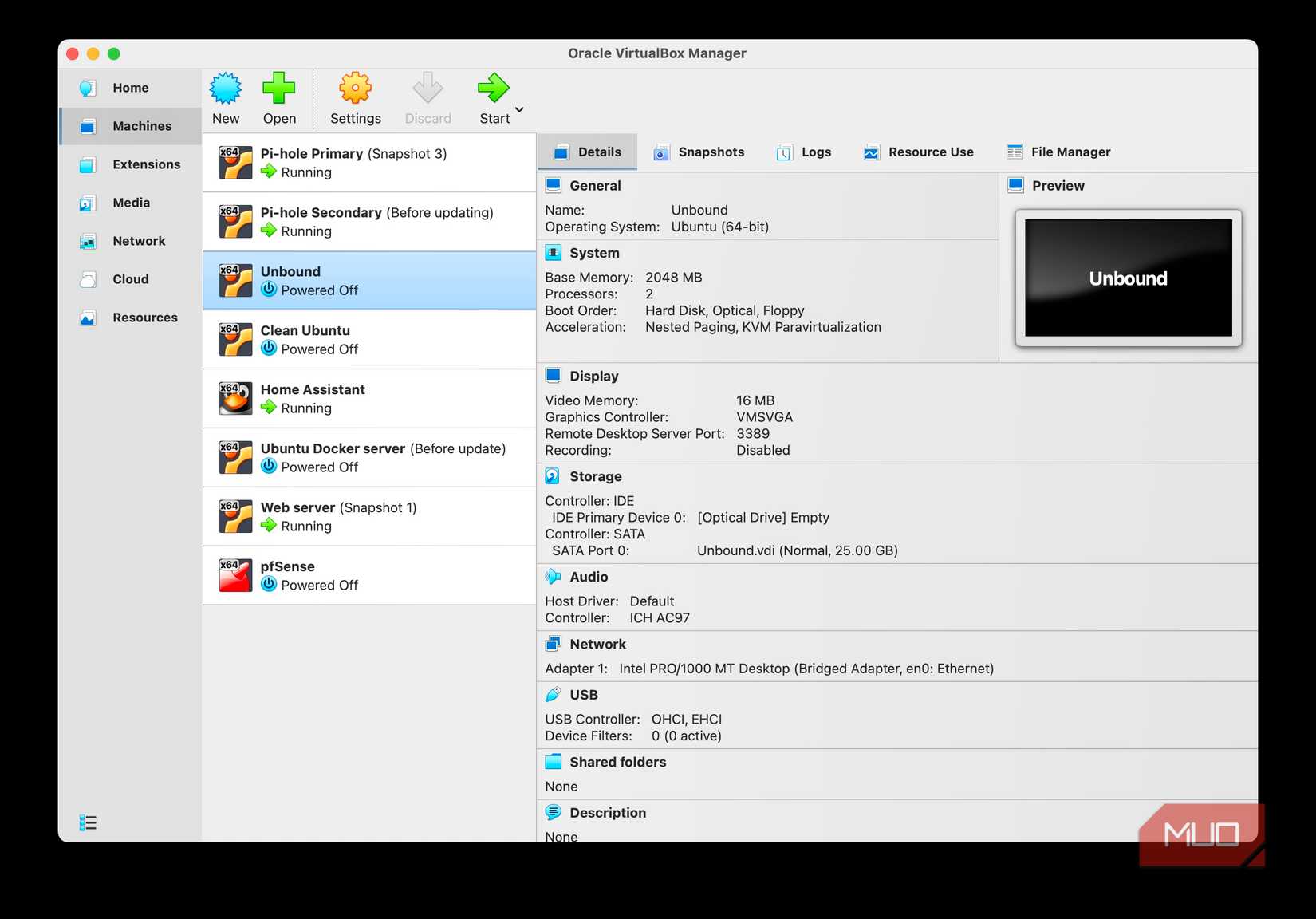 Screenshot showing VirtualBox app displaying multiple virtual machines including two Pihole instances