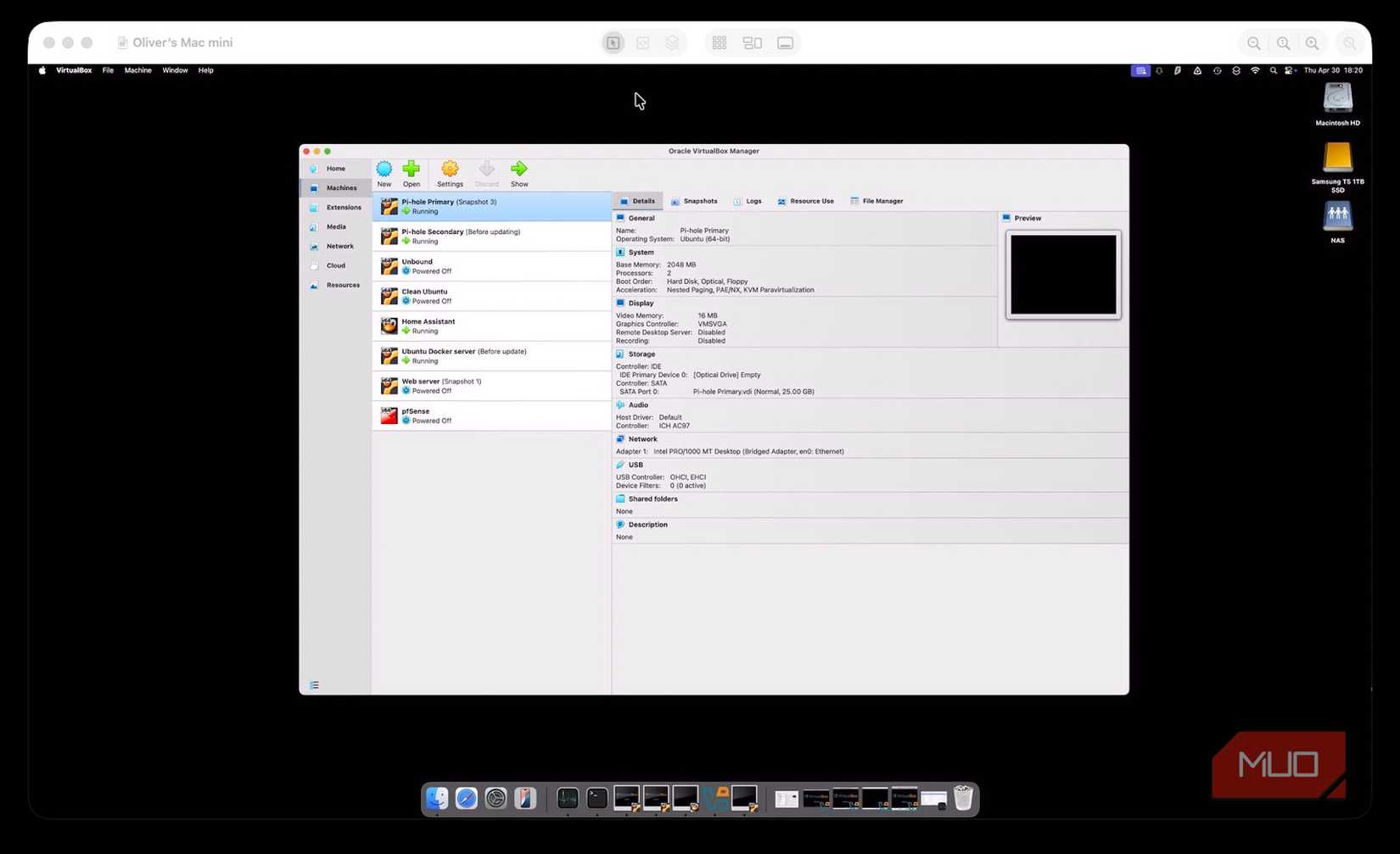 Screenshot showing VirtualBox running inside a remote connection