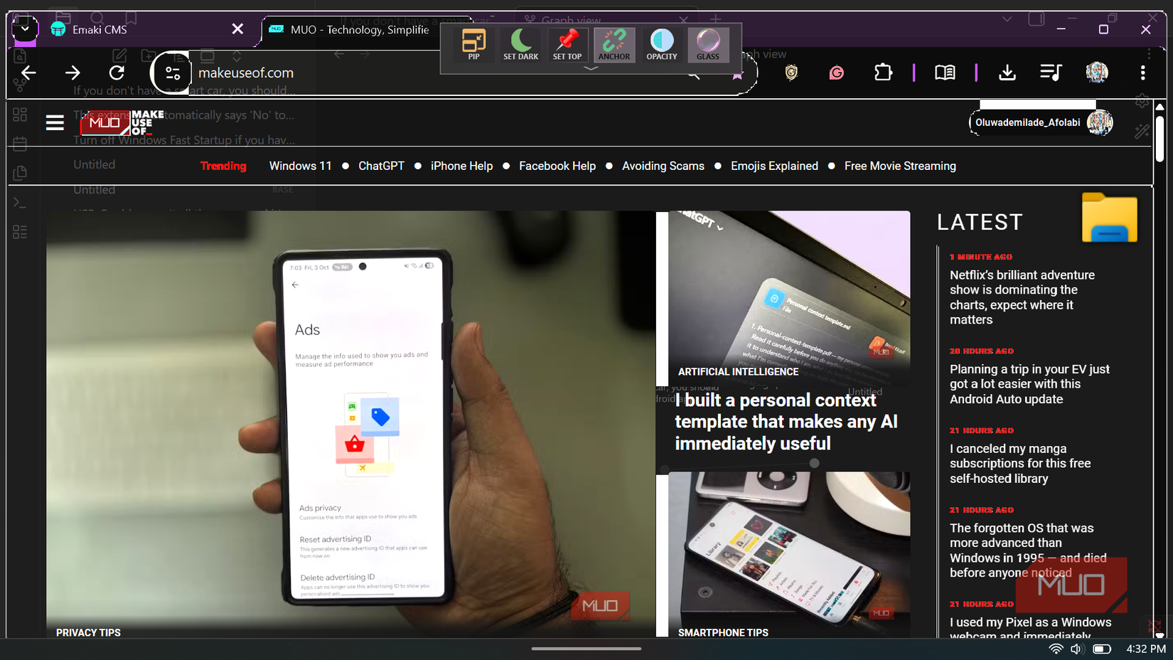 Web browser with the WindowTop toolbar and a highlighted purple window border.