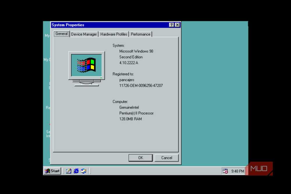 Windows 98 specifications displayed within WSL9x