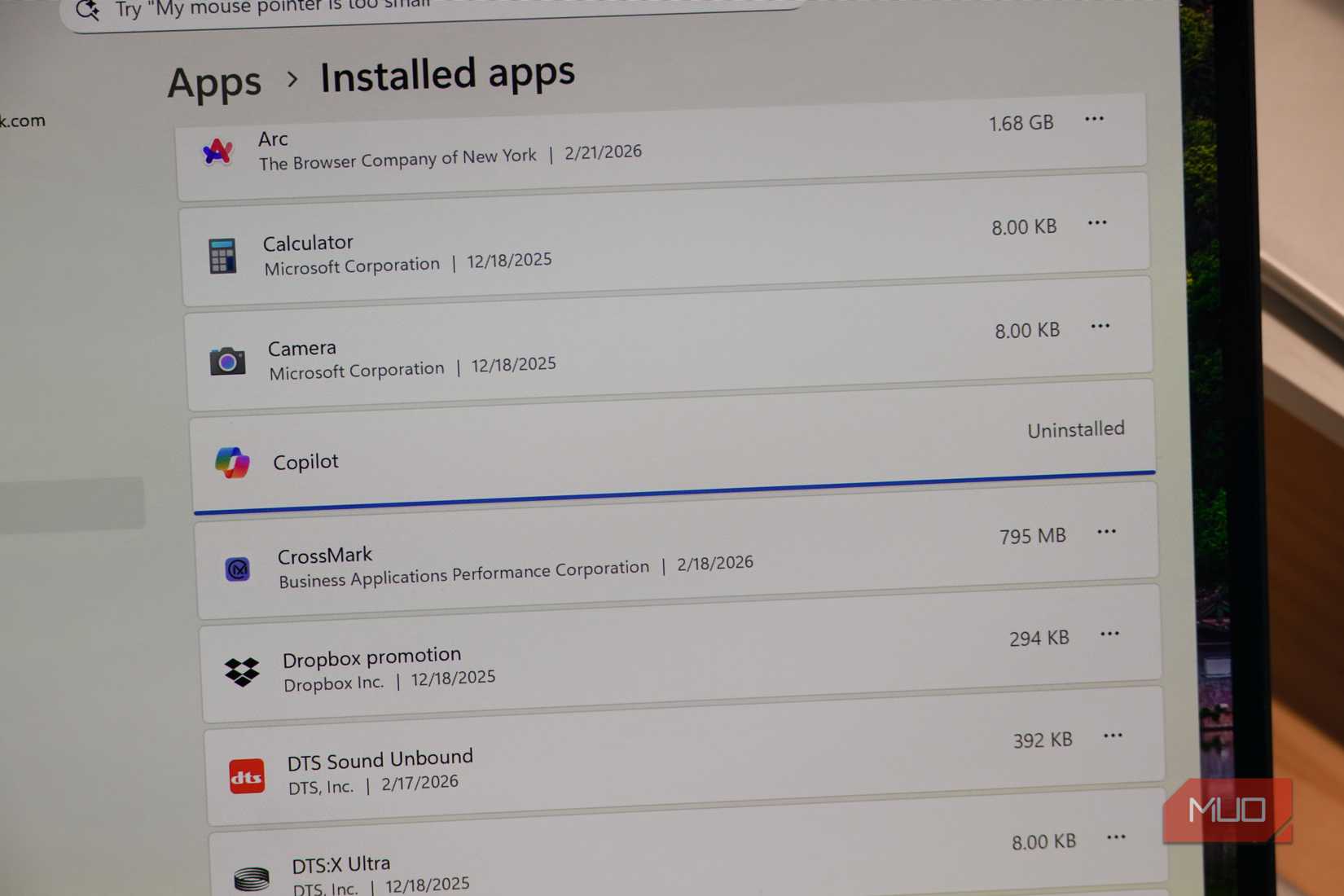 Uninstalling Copilot on a Windows 11 laptop.