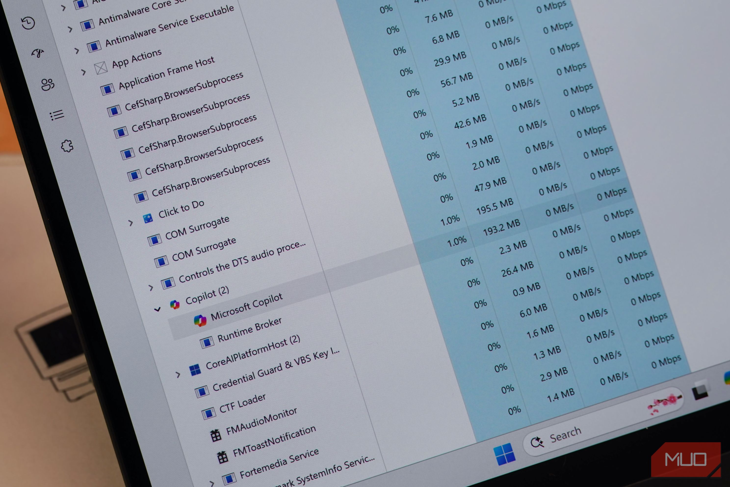 Copilot in Task Manager showing memory usage.