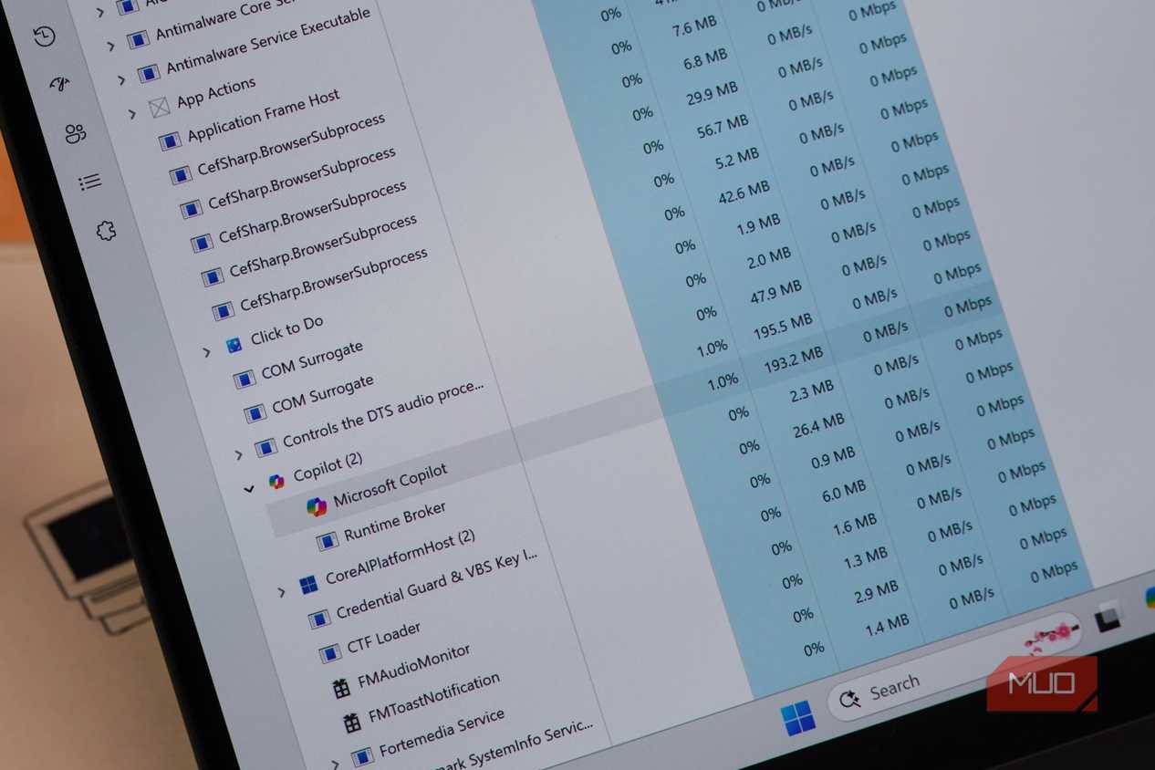 Copilot in Task Manager showing memory usage.