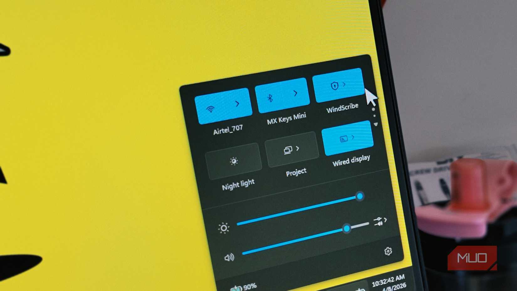 Windows 11 Quick Settinsgs panel with the VPN option on a BENQ monitor