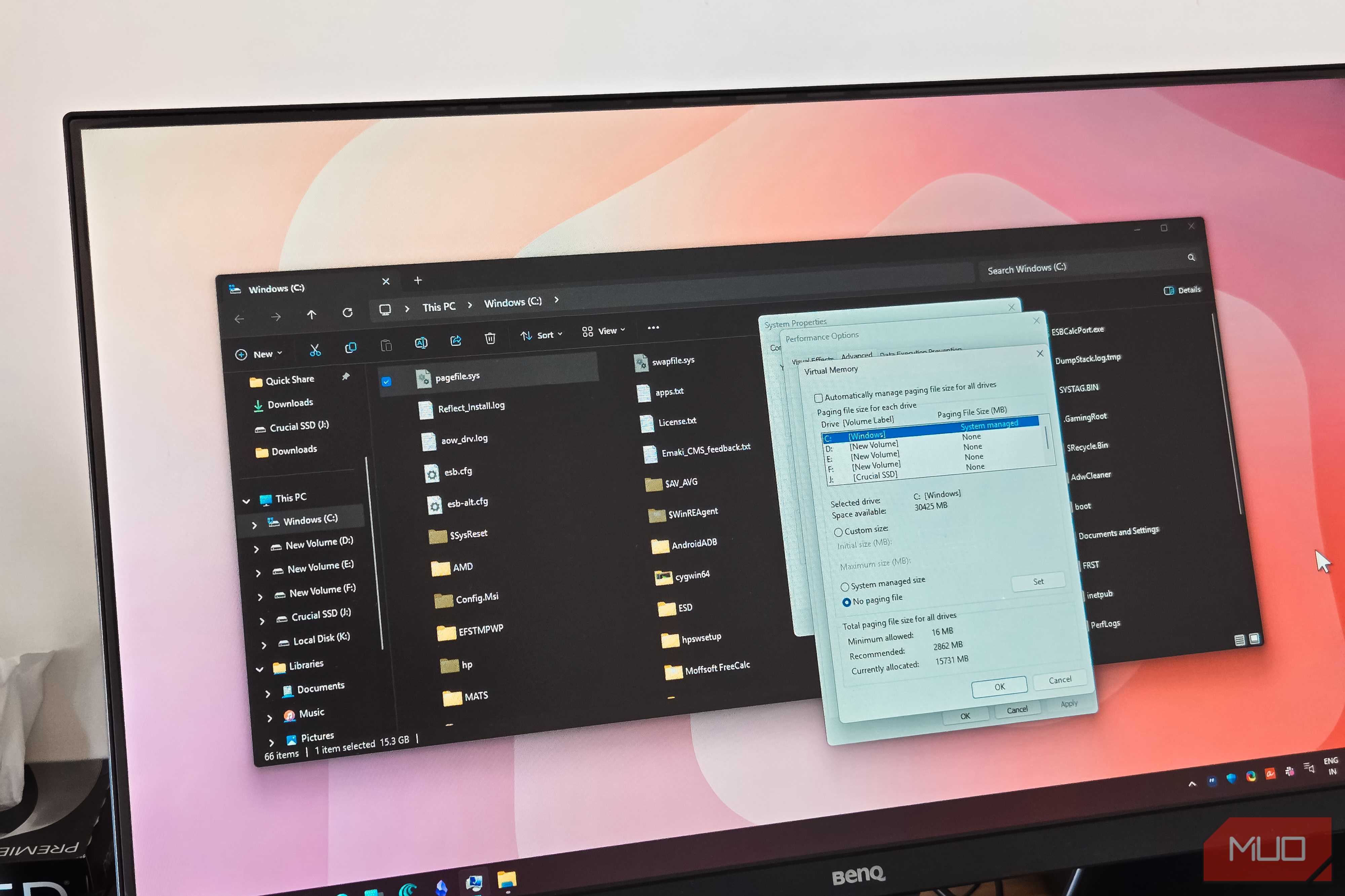 Windows File Explorer and the Advanced system settings dialog open on a BENQ Monitor