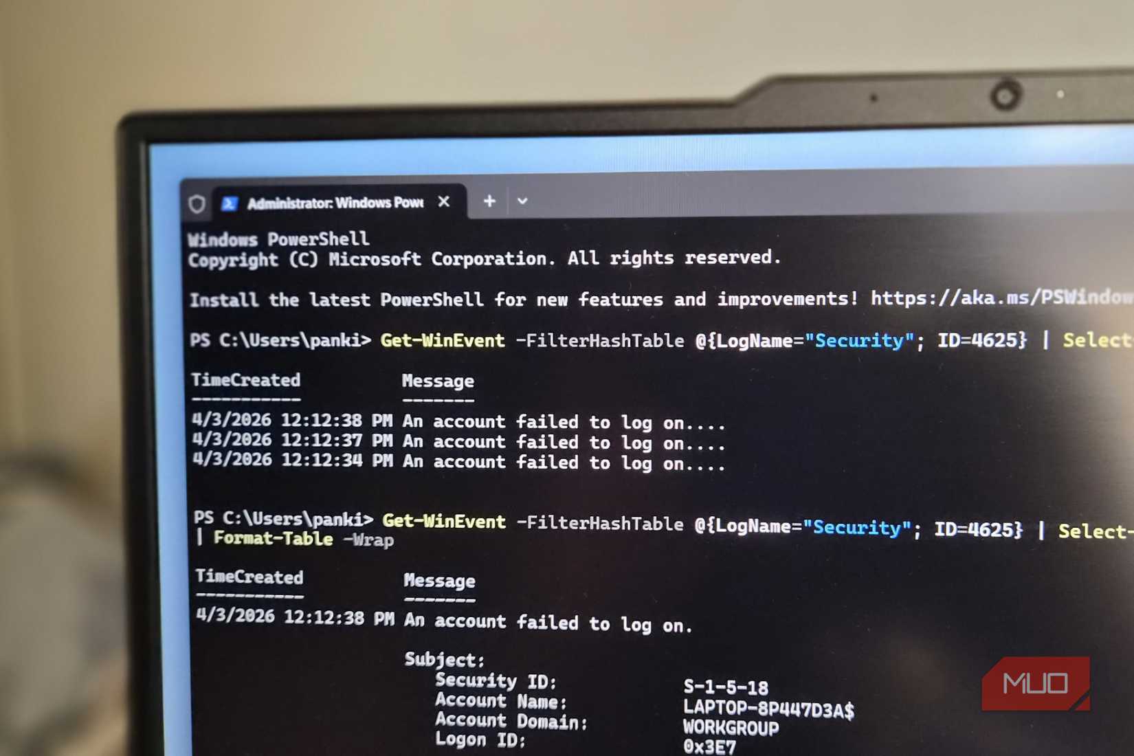 Windows powershell showing failed sign in attempt
