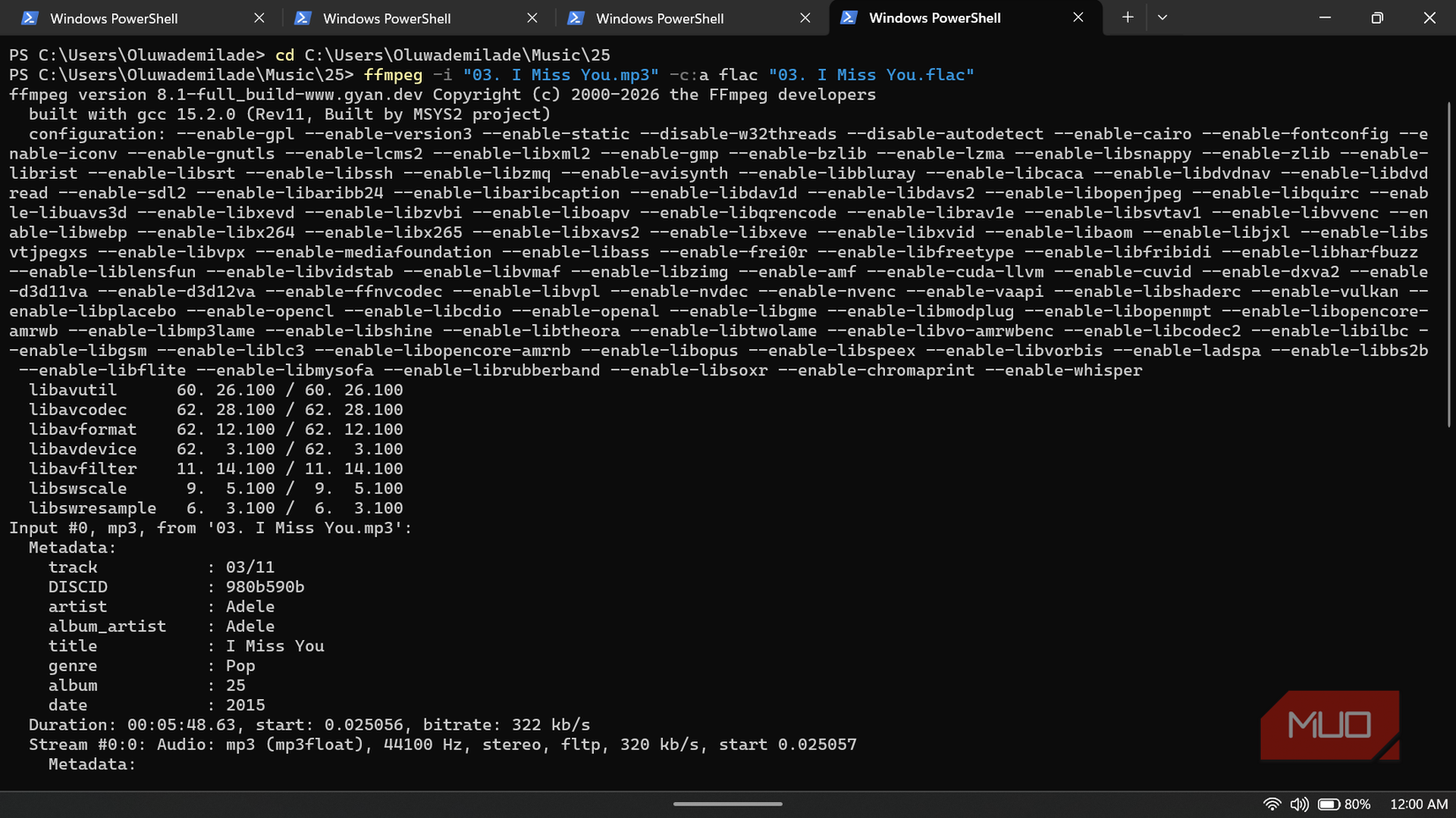 Windows PowerShell window running an FFmpeg command to convert an MP3 audio file to FLAC format.