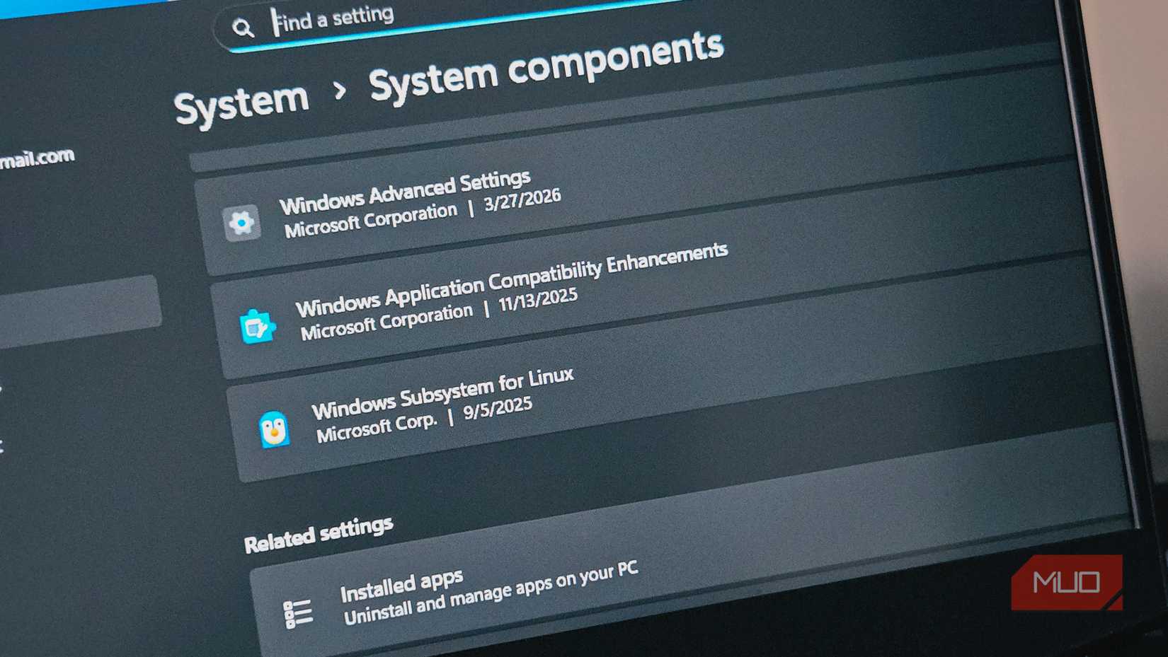 Windows Subsystem for Linux in System component section of the Settings app on Windows 11