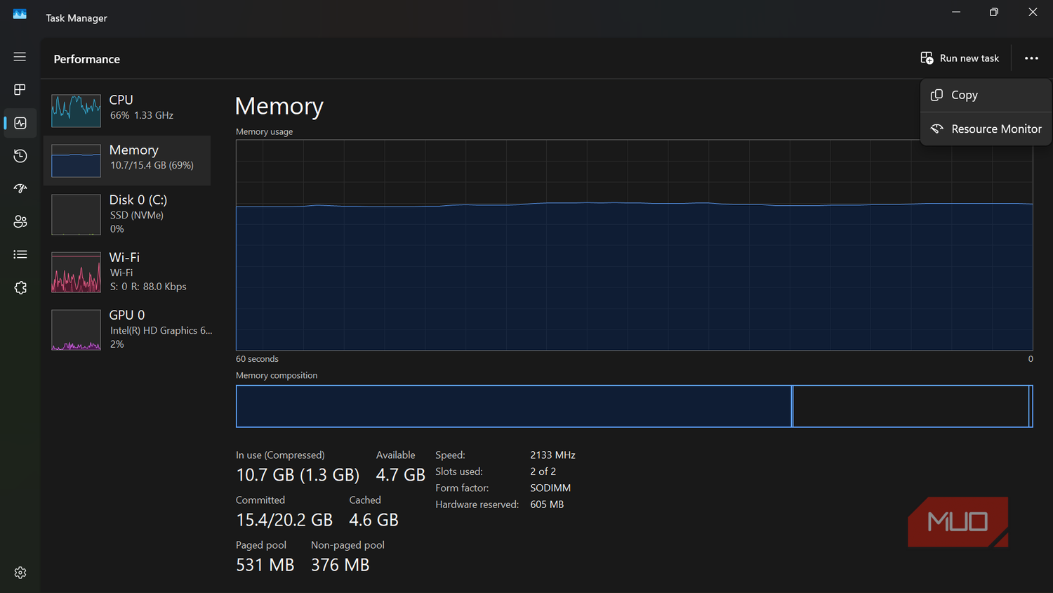 Windows Task Manager Performance tab showing Memory usage and the Resource Monitor shortcut.