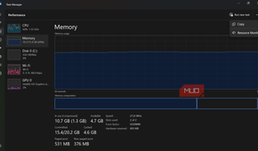 Windows Task Manager Performance tab showing Memory usage and the Resource Monitor shortcut.