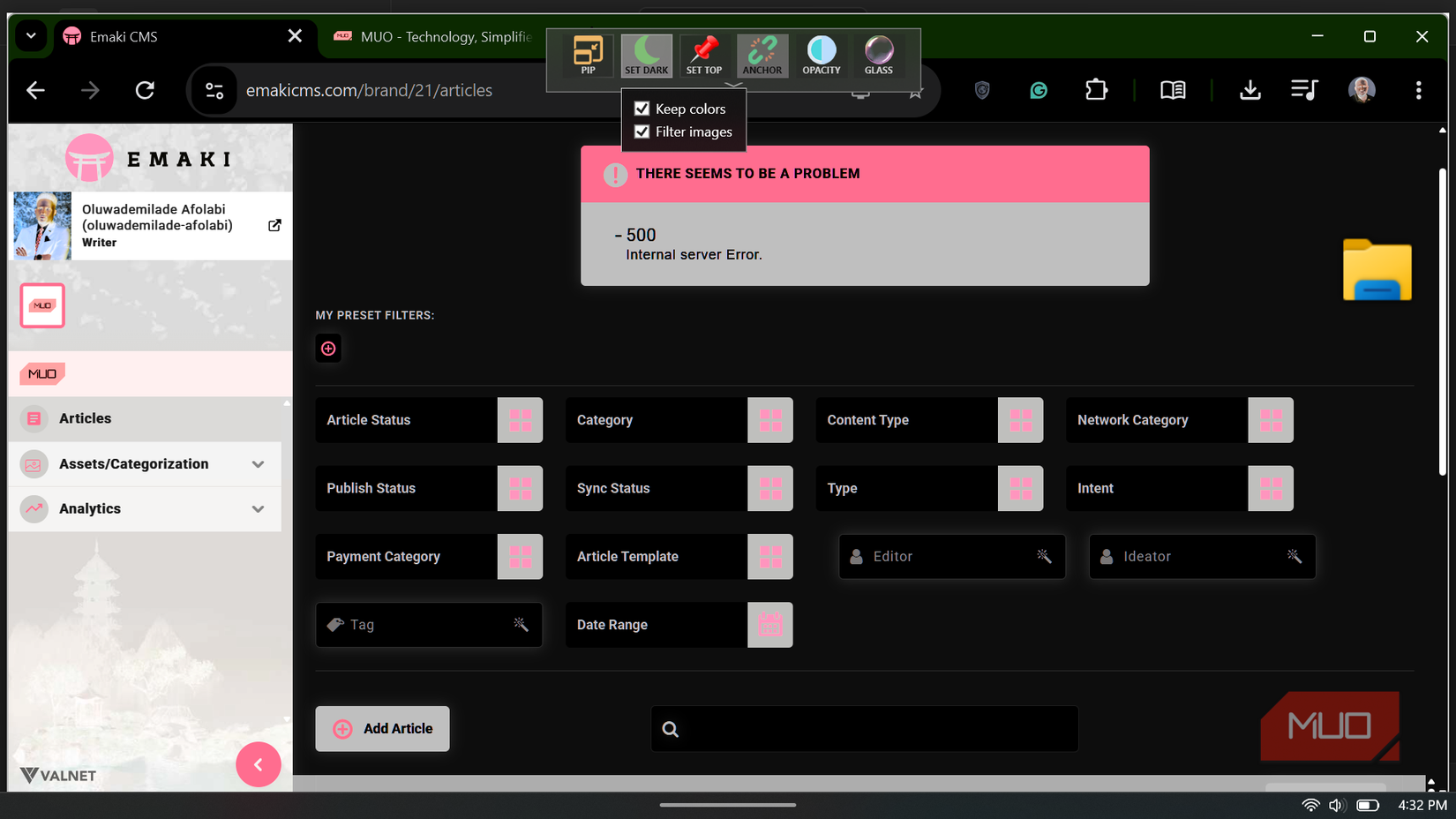 WindowTop 'Set Dark' options menu over a browser window with inverted dark colors.