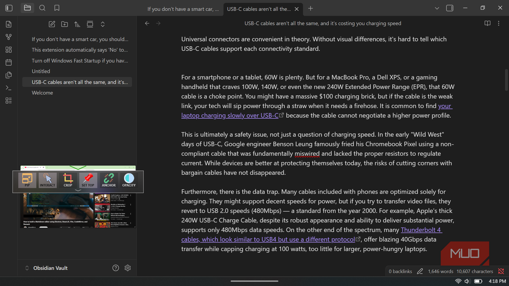 WindowTop toolbar above a floating PiP window in Obsidian.